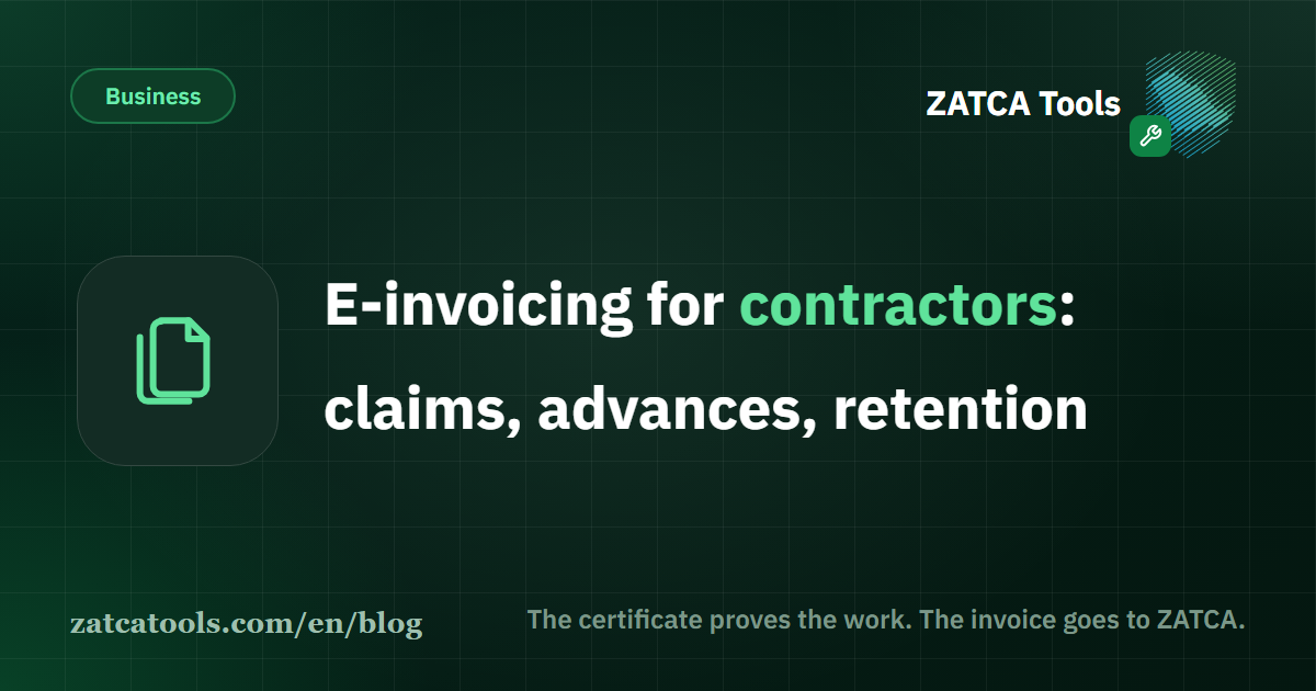 A signed progress certificate on a site office desk beside the tax invoice raised on it, with the retention line marked as still unpaid