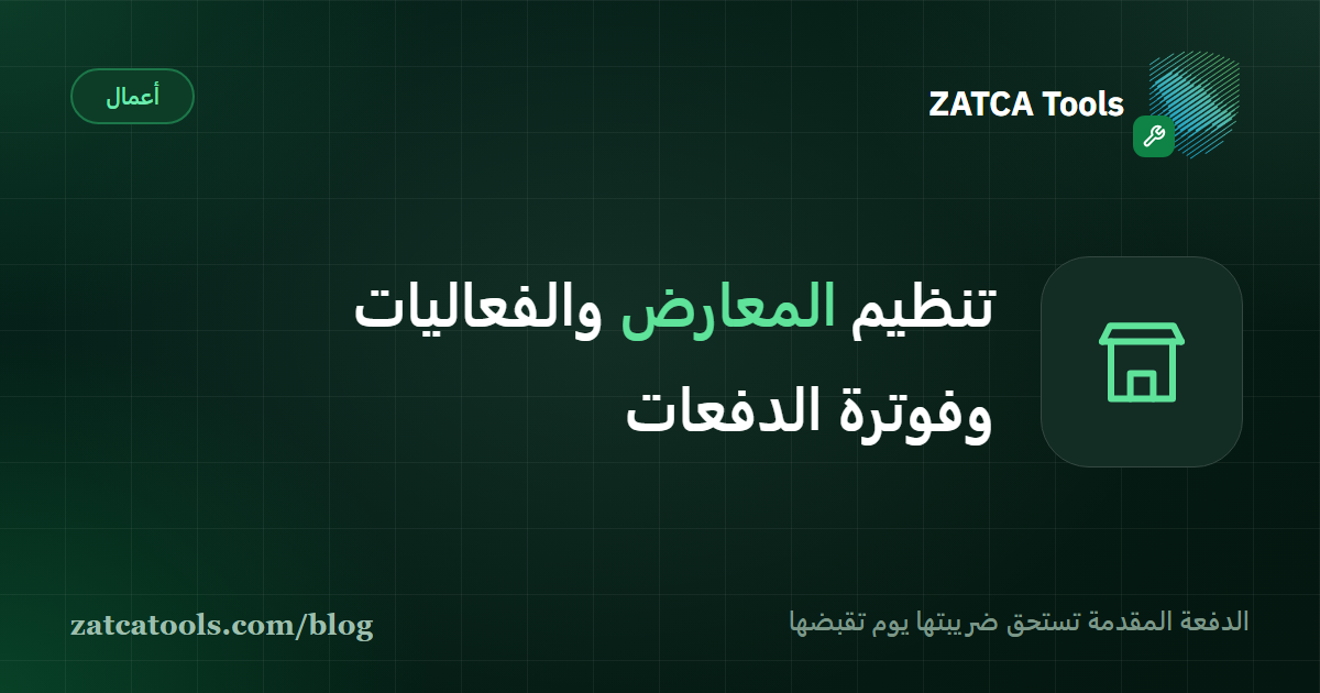 خط زمني لمشروع فعالية من توقيع العقد إلى يوم التنفيذ، تعلوه ثلاث علامات دفع ومستند ضريبي عند كل واحدة منها