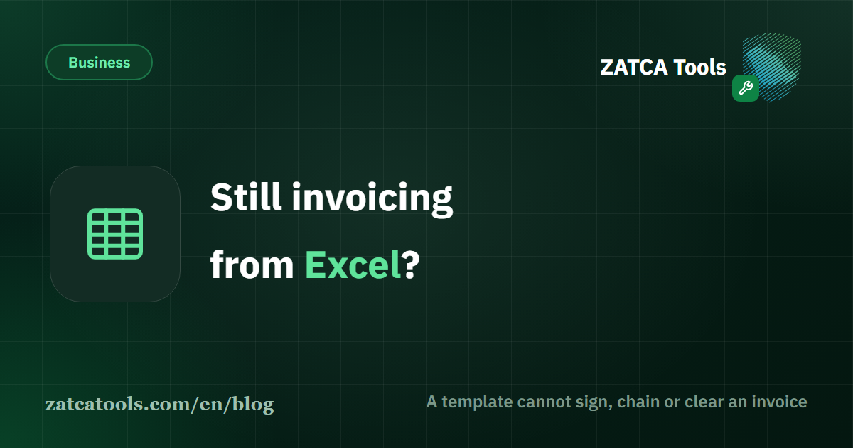 A spreadsheet invoice template on one side and a signed e-invoice with its QR code on the other