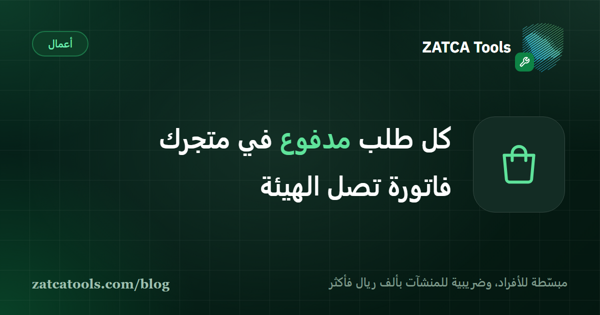 بطاقة غلاف عليها أيقونة حقيبة تسوّق وعبارة: كل طلب مدفوع في المتجر فاتورة موقّعة برمز QR تصل الهيئة