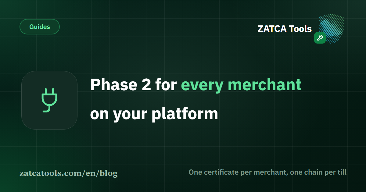 One platform connected to many merchant establishments, each with its own certificate and its own chain of invoices per till