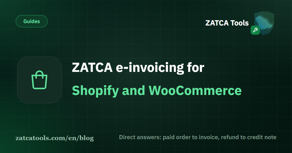 A dark cover card with a shopping bag icon and the words: ZATCA e-invoicing for Shopify and WooCommerce, direct answers