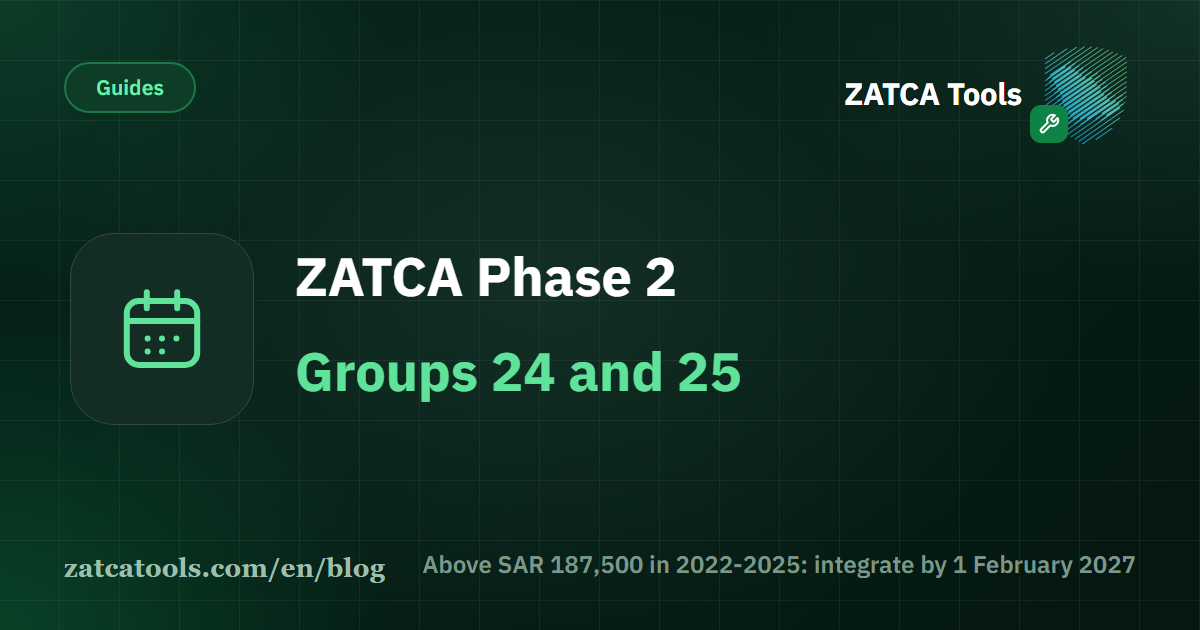 A dark cover card with a calendar icon and the words: ZATCA Phase 2 Groups 24 and 25, thresholds and deadlines